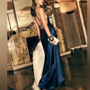 NEW Reformation Jeany Silk Long Dress Backless Formal Navy | Size M
